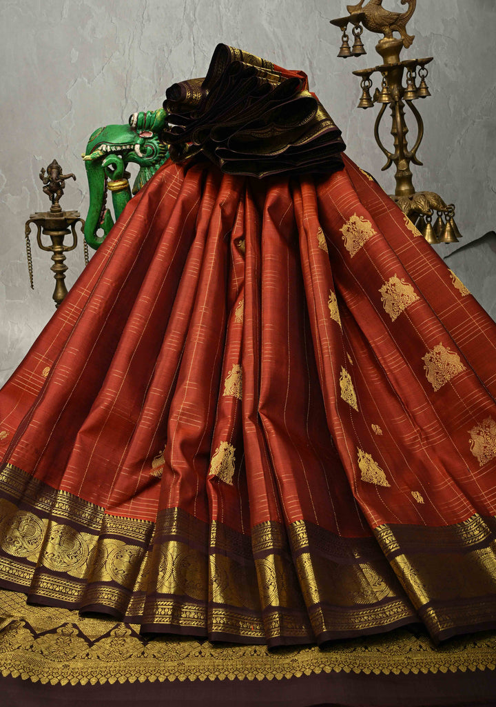 Rust Orange Zari Checks on Kanjivaram Pure Silk Saree with Zari Buttas and Zari Border | SILK MARK CERTIFIED
