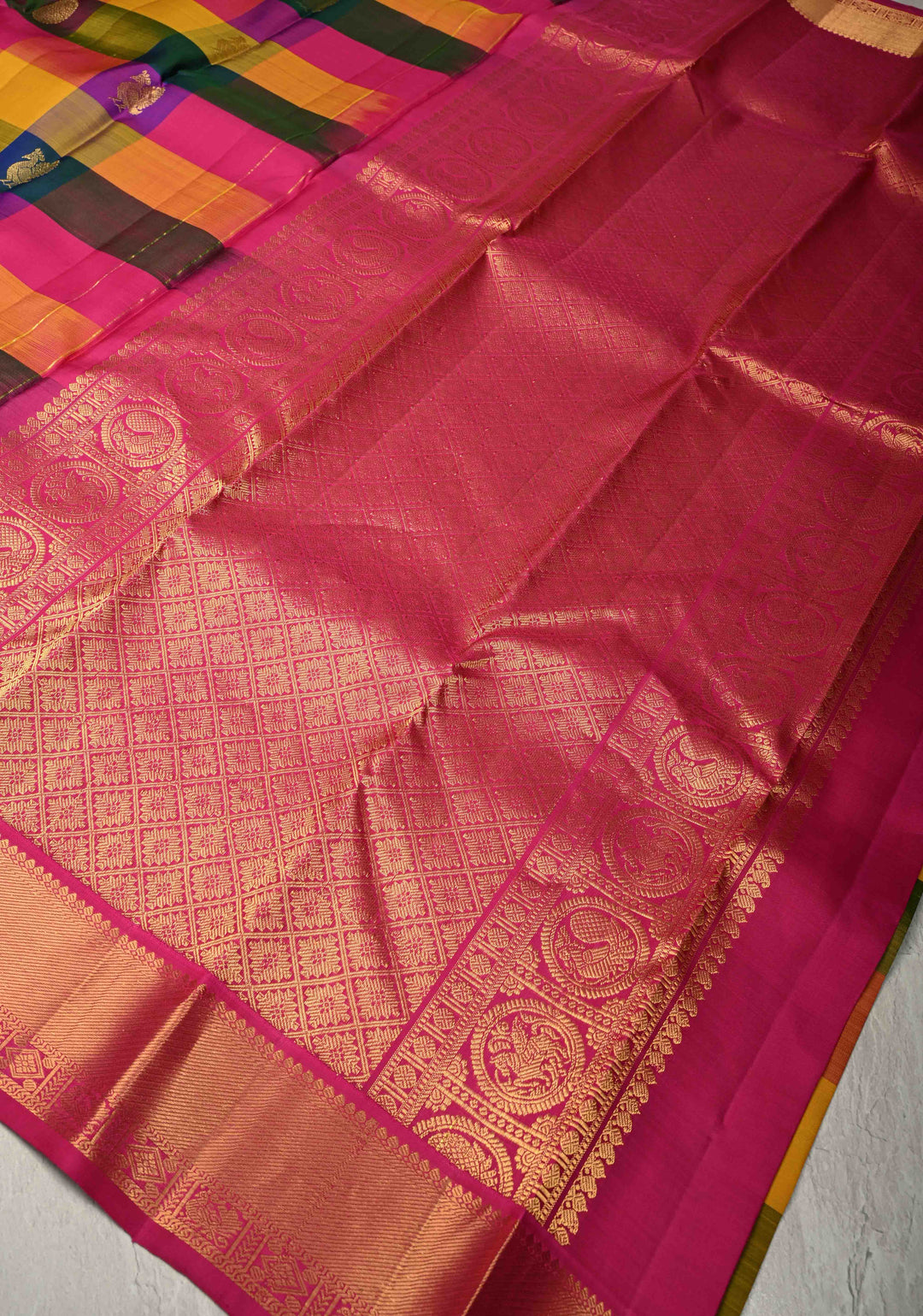 Multicolor Pallum Pazhamum Kanjivaram Silk Saree with Zari Buttas and Zari Border | SILK MARK CERTIFIED