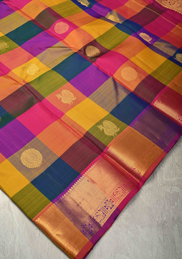 Multicolor Pallum Pazhamum Kanjivaram Silk Saree with Zari Buttas and Zari Border | SILK MARK CERTIFIED