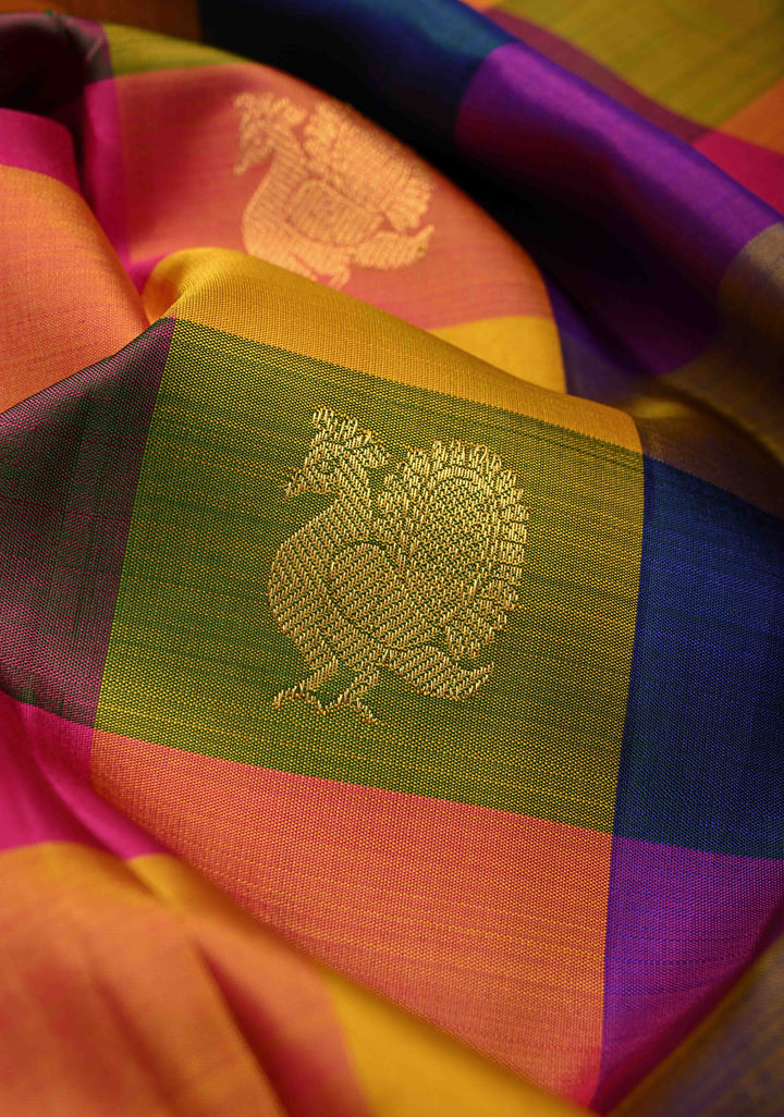 Multicolor Pallum Pazhamum Kanjivaram Silk Saree with Zari Buttas and Zari Border | SILK MARK CERTIFIED