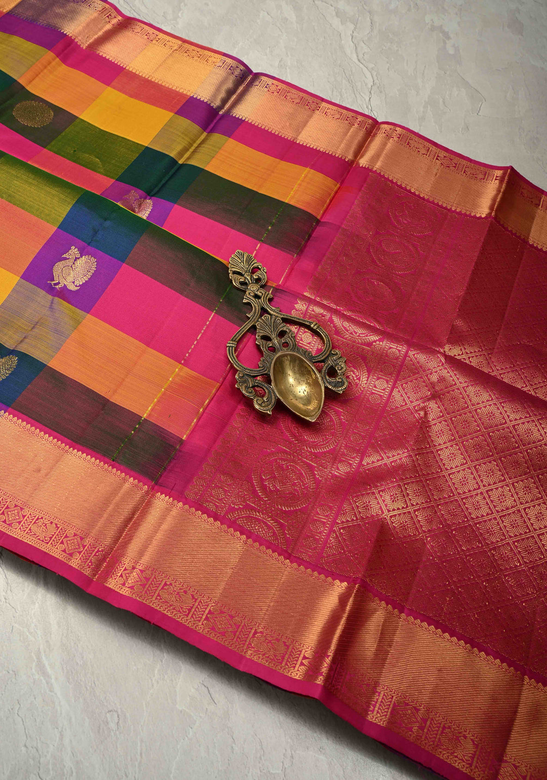 Multicolor Pallum Pazhamum Kanjivaram Silk Saree with Zari Buttas and Zari Border | SILK MARK CERTIFIED