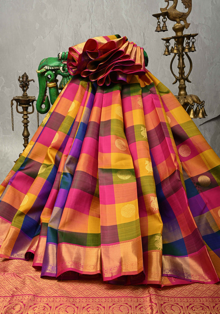 Multicolor Pallum Pazhamum Kanjivaram Silk Saree with Zari Buttas and Zari Border | SILK MARK CERTIFIED