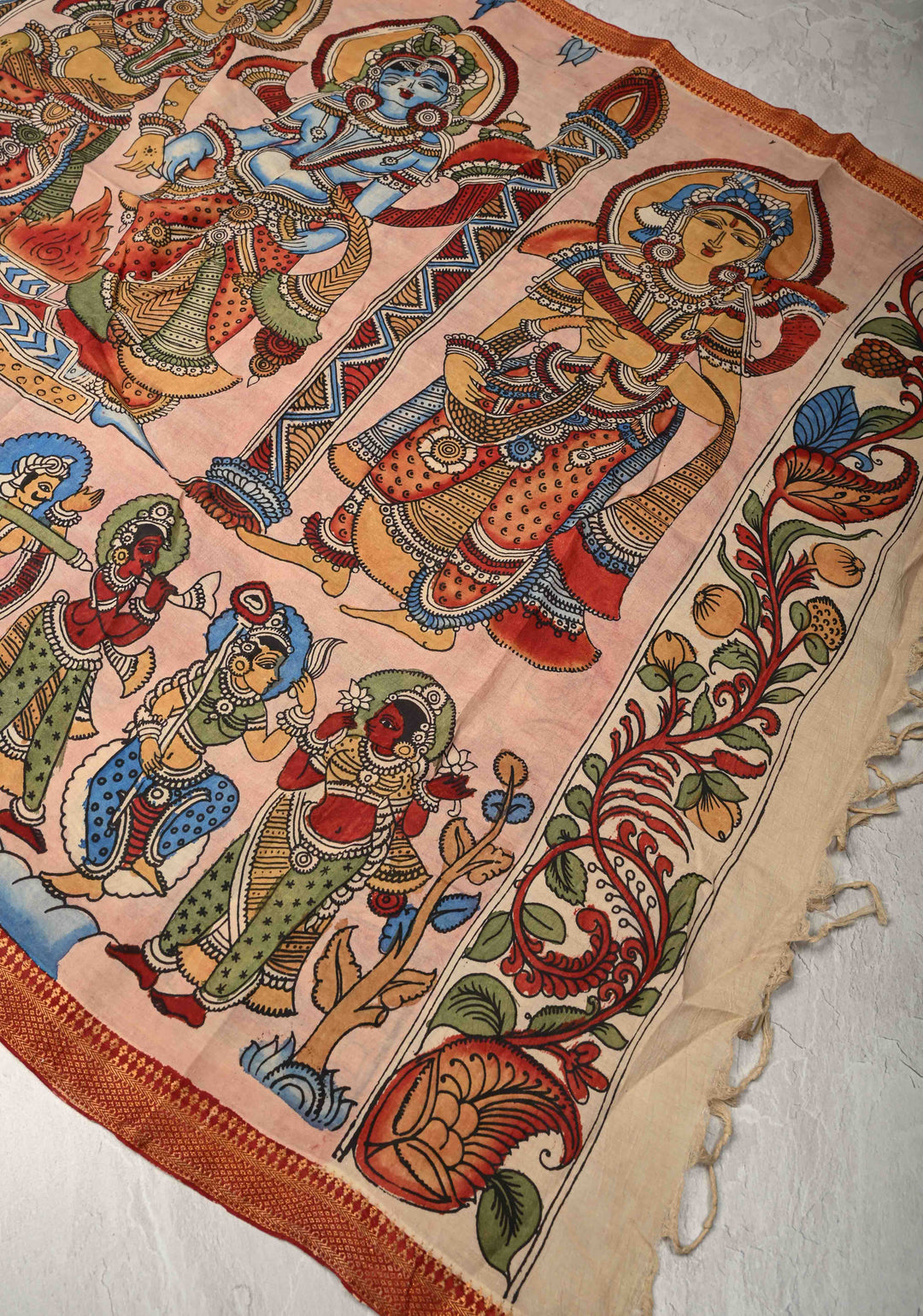DUPATTA : Pink Authentic Pen Kalamkari on Mangalagiri Silk Cotton Dupatta with Vishnukalyanam Theme