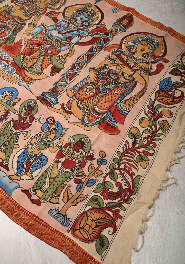 DUPATTA : Pink Authentic Pen Kalamkari on Mangalagiri Silk Cotton Dupatta with Vishnukalyanam Theme