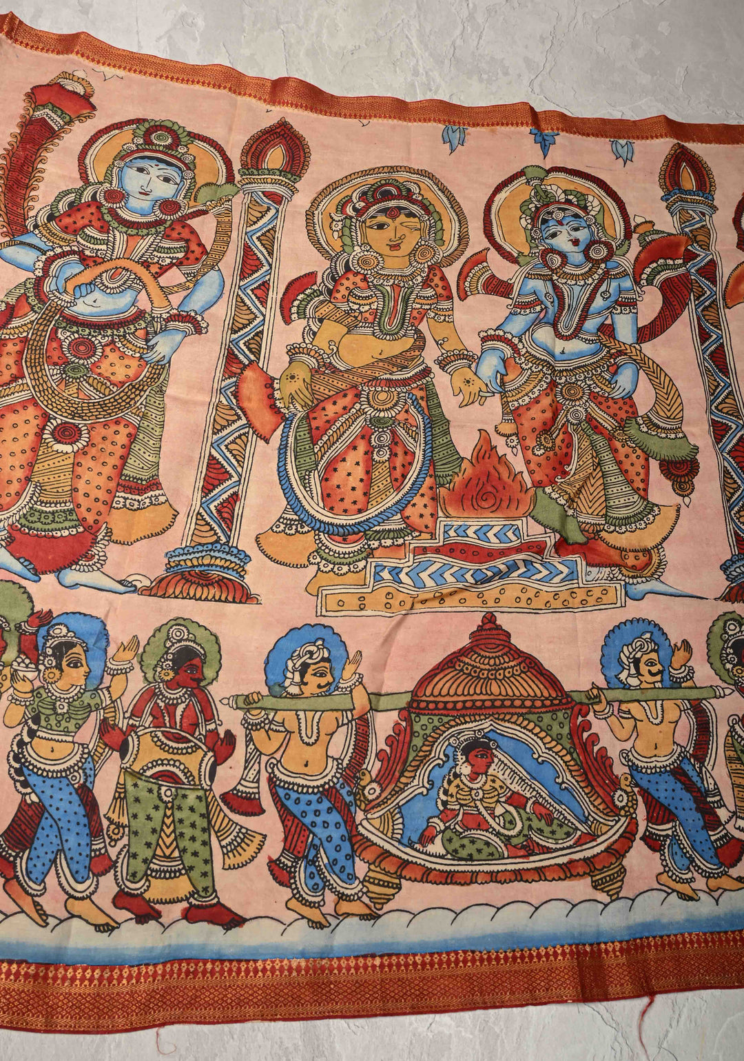 DUPATTA : Pink Authentic Pen Kalamkari on Mangalagiri Silk Cotton Dupatta with Vishnukalyanam Theme