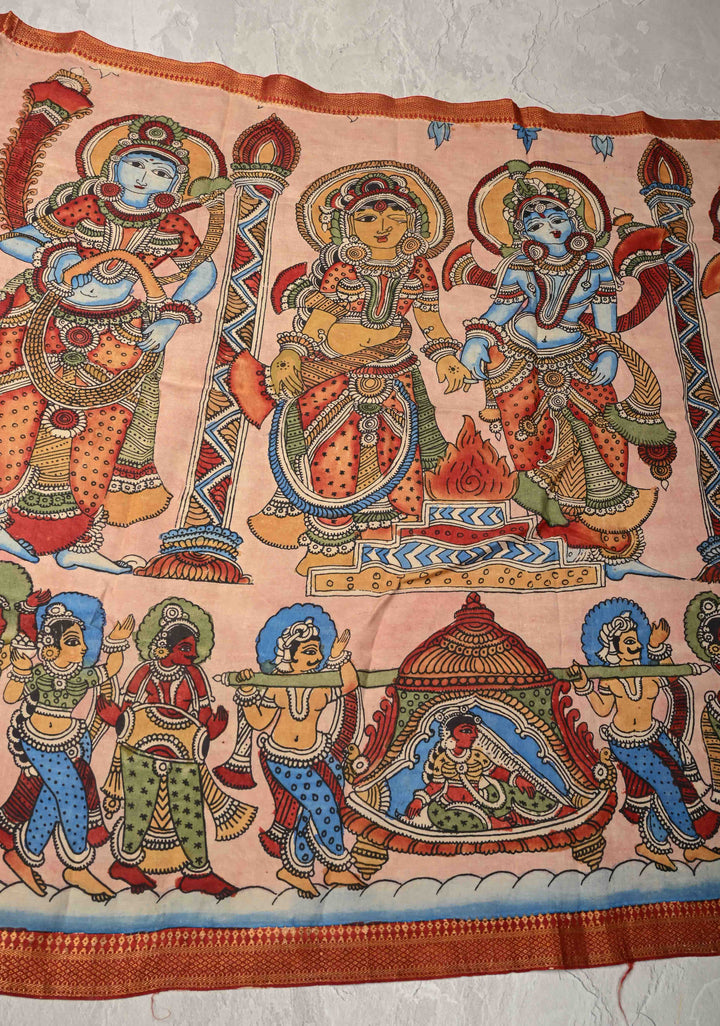 DUPATTA : Pink Authentic Pen Kalamkari on Mangalagiri Silk Cotton Dupatta with Vishnukalyanam Theme