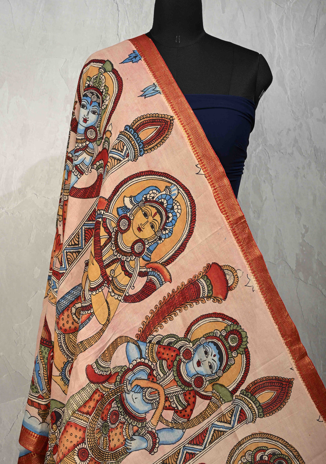 DUPATTA : Pink Authentic Pen Kalamkari on Mangalagiri Silk Cotton Dupatta with Vishnukalyanam Theme