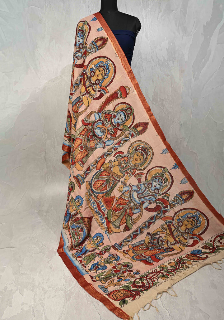 DUPATTA : Pink Authentic Pen Kalamkari on Mangalagiri Silk Cotton Dupatta with Vishnukalyanam Theme