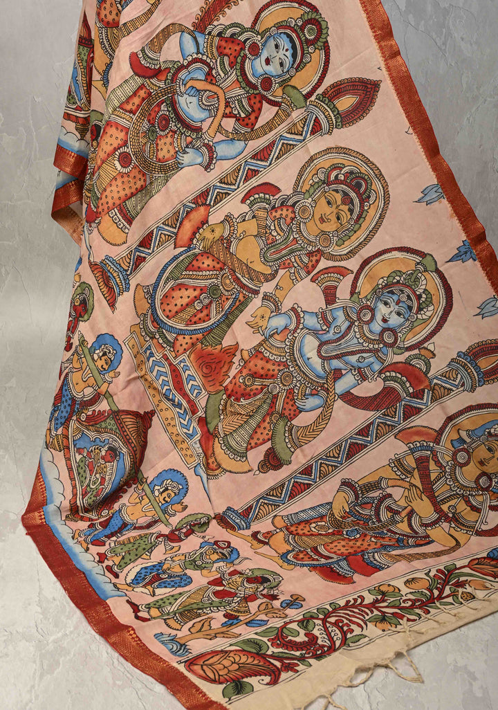 DUPATTA : Pink Authentic Pen Kalamkari on Mangalagiri Silk Cotton Dupatta with Vishnukalyanam Theme