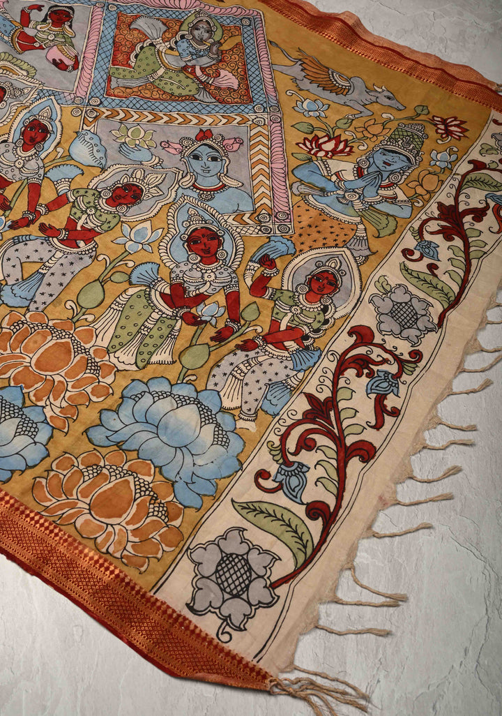 DUPATTA : Yellow Authentic Pen Kalamkari on Mangalagiri Silk Cotton Dupatta with Ashta Lakshmi Theme
