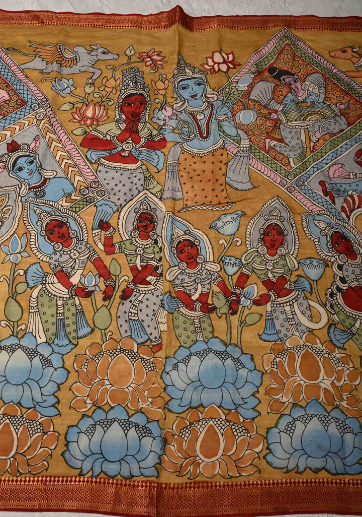 DUPATTA : Yellow Authentic Pen Kalamkari on Mangalagiri Silk Cotton Dupatta with Ashta Lakshmi Theme