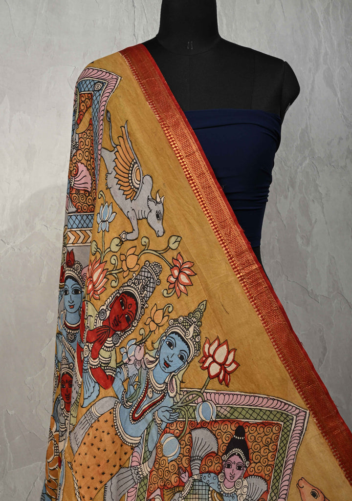 DUPATTA : Yellow Authentic Pen Kalamkari on Mangalagiri Silk Cotton Dupatta with Ashta Lakshmi Theme