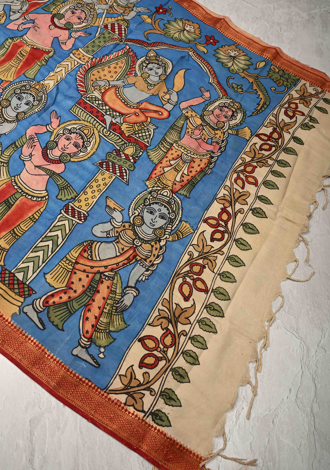 DUPATTA : Blue Authentic Pen Kalamkari on Mangalagiri Silk Cotton Dupatta with Dancing Dolls Theme