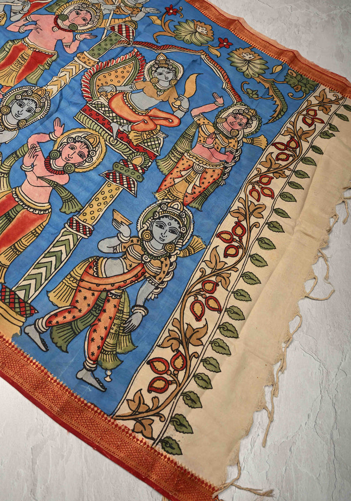 DUPATTA : Blue Authentic Pen Kalamkari on Mangalagiri Silk Cotton Dupatta with Dancing Dolls Theme
