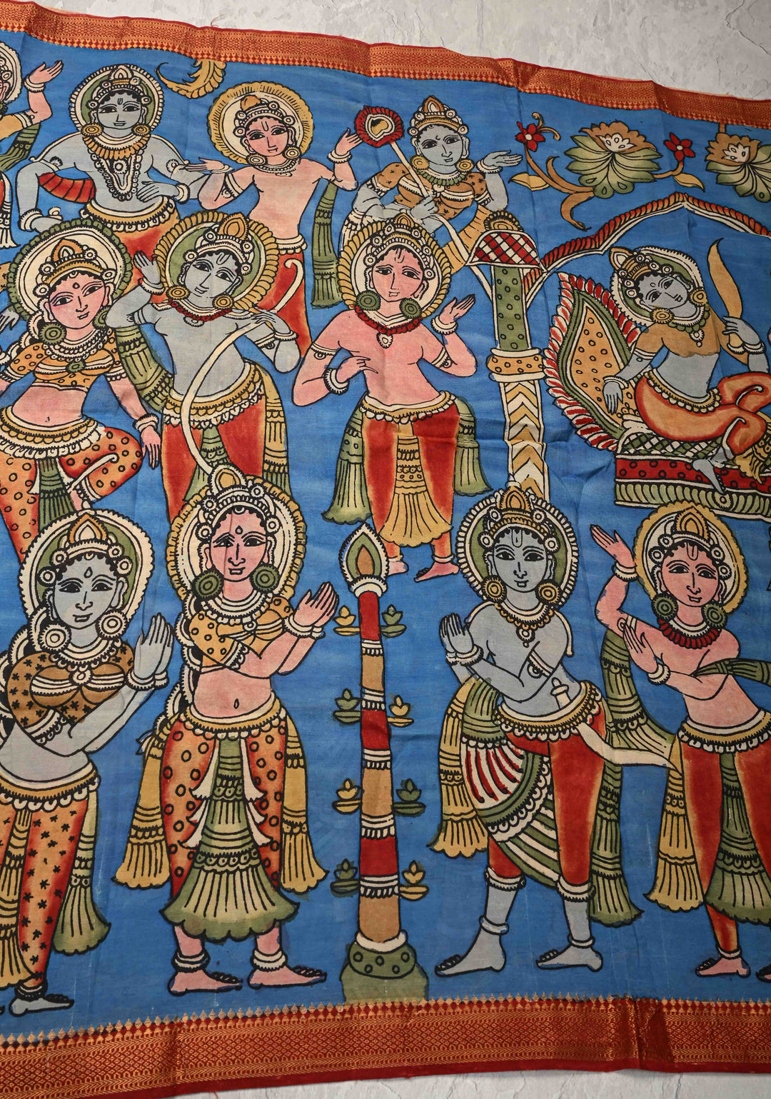DUPATTA : Blue Authentic Pen Kalamkari on Mangalagiri Silk Cotton Dupatta with Dancing Dolls Theme
