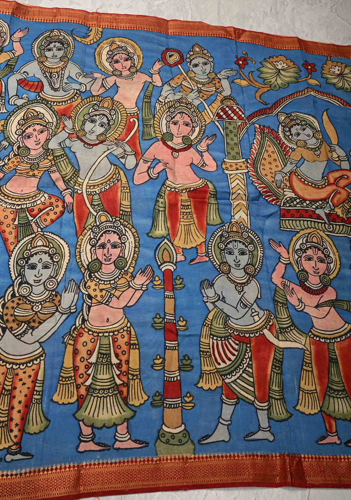 DUPATTA : Blue Authentic Pen Kalamkari on Mangalagiri Silk Cotton Dupatta with Dancing Dolls Theme