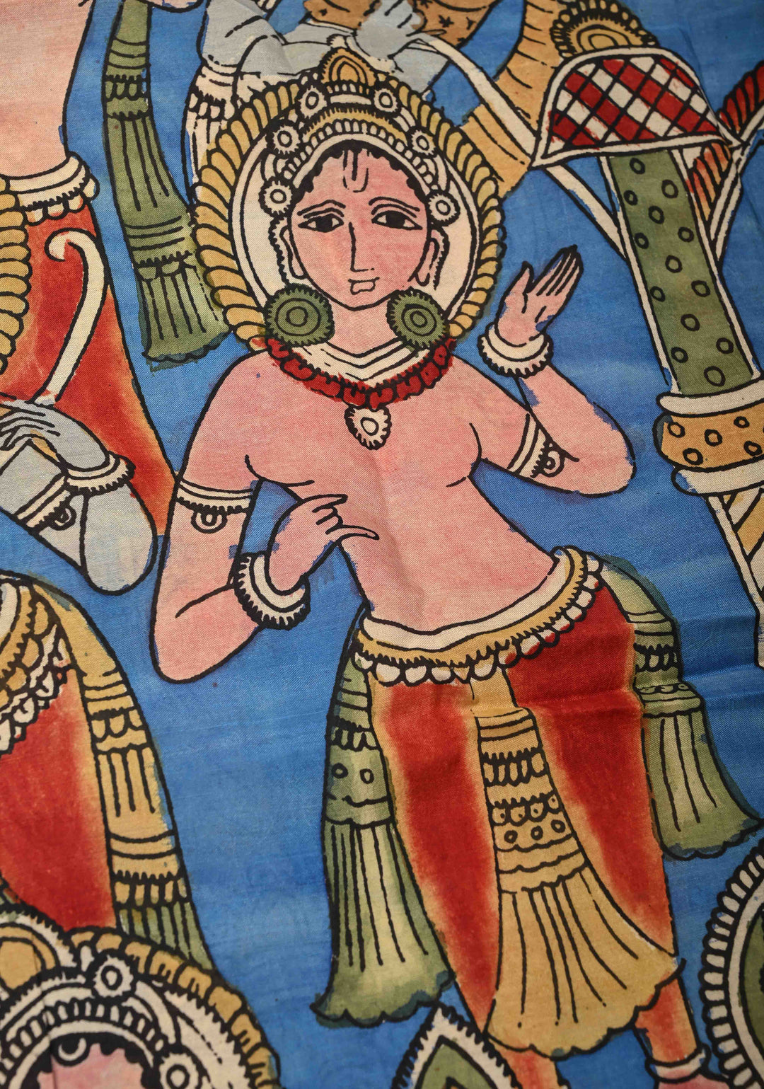 DUPATTA : Blue Authentic Pen Kalamkari on Mangalagiri Silk Cotton Dupatta with Dancing Dolls Theme