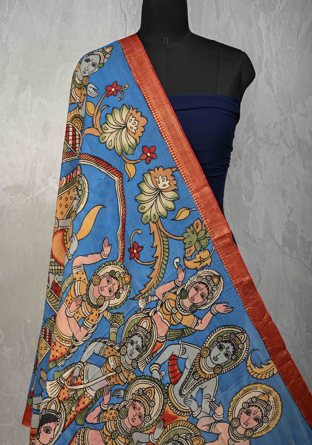 DUPATTA : Blue Authentic Pen Kalamkari on Mangalagiri Silk Cotton Dupatta with Dancing Dolls Theme