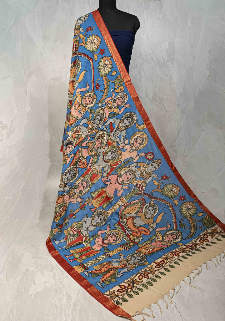 DUPATTA : Blue Authentic Pen Kalamkari on Mangalagiri Silk Cotton Dupatta with Dancing Dolls Theme