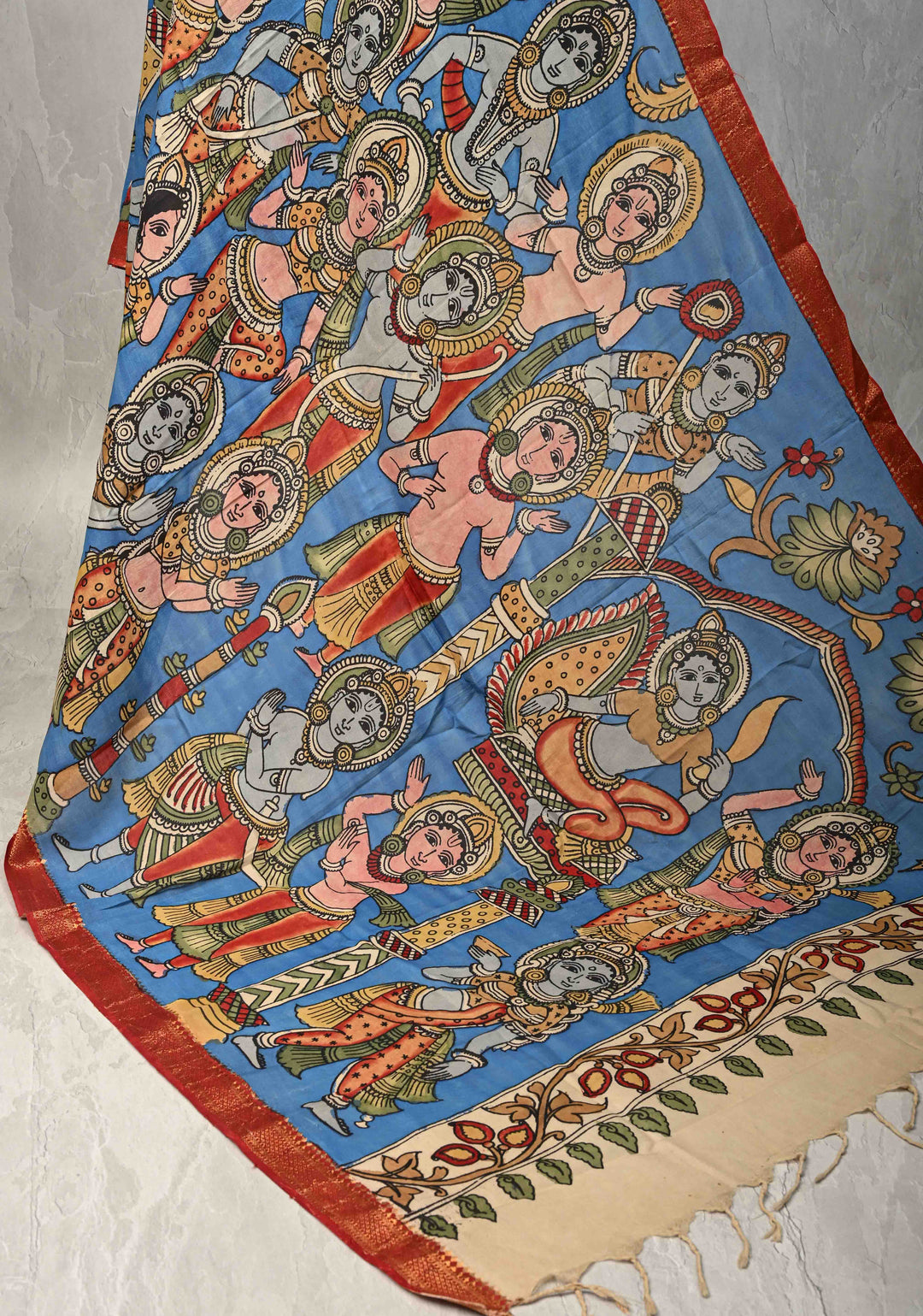 DUPATTA : Blue Authentic Pen Kalamkari on Mangalagiri Silk Cotton Dupatta with Dancing Dolls Theme