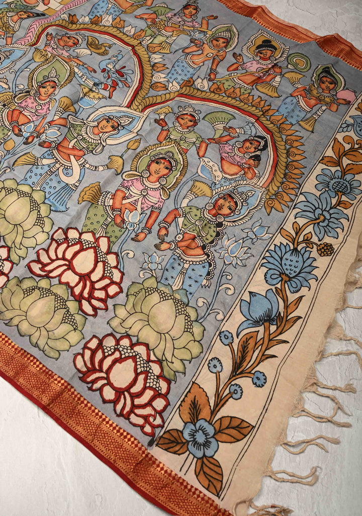 DUPATTA : Blue Authentic Pen Kalamkari on Mangalagiri Silk Cotton Dupatta with Mythological Theme