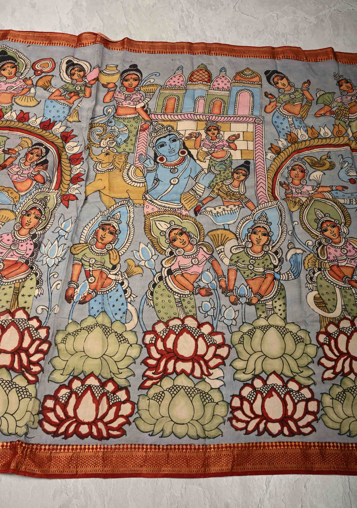 DUPATTA : Blue Authentic Pen Kalamkari on Mangalagiri Silk Cotton Dupatta with Mythological Theme