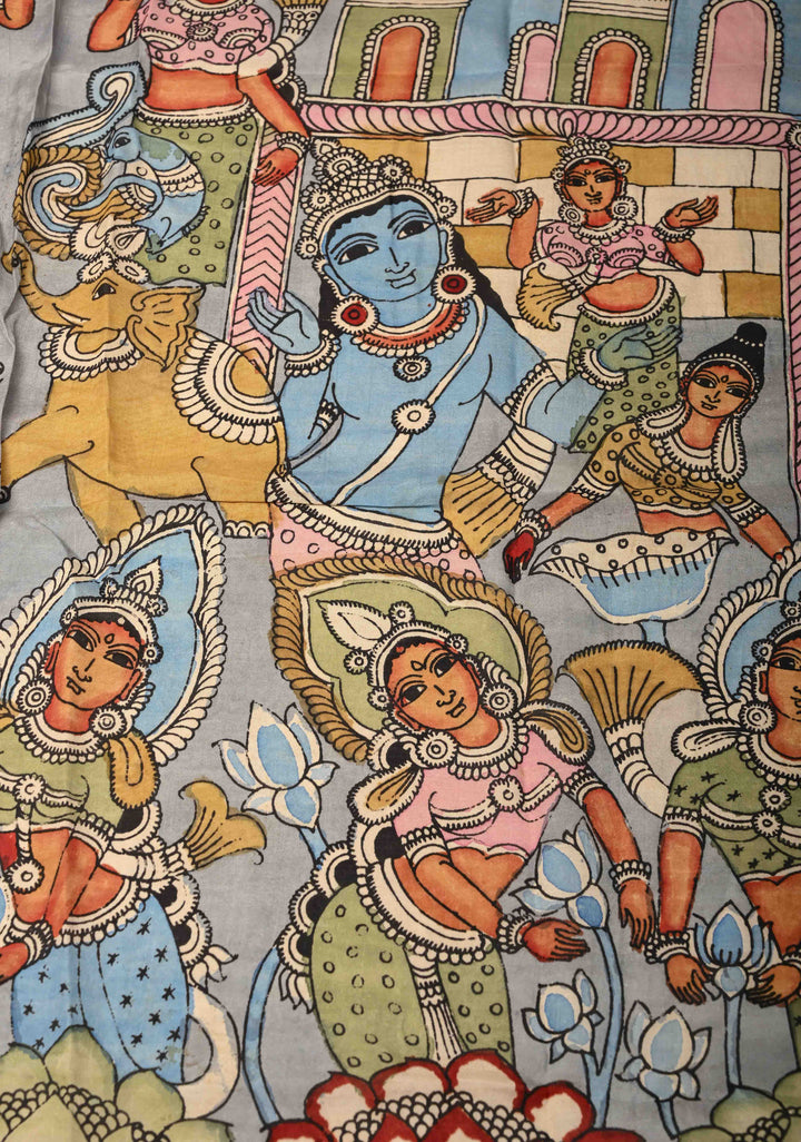 DUPATTA : Blue Authentic Pen Kalamkari on Mangalagiri Silk Cotton Dupatta with Mythological Theme