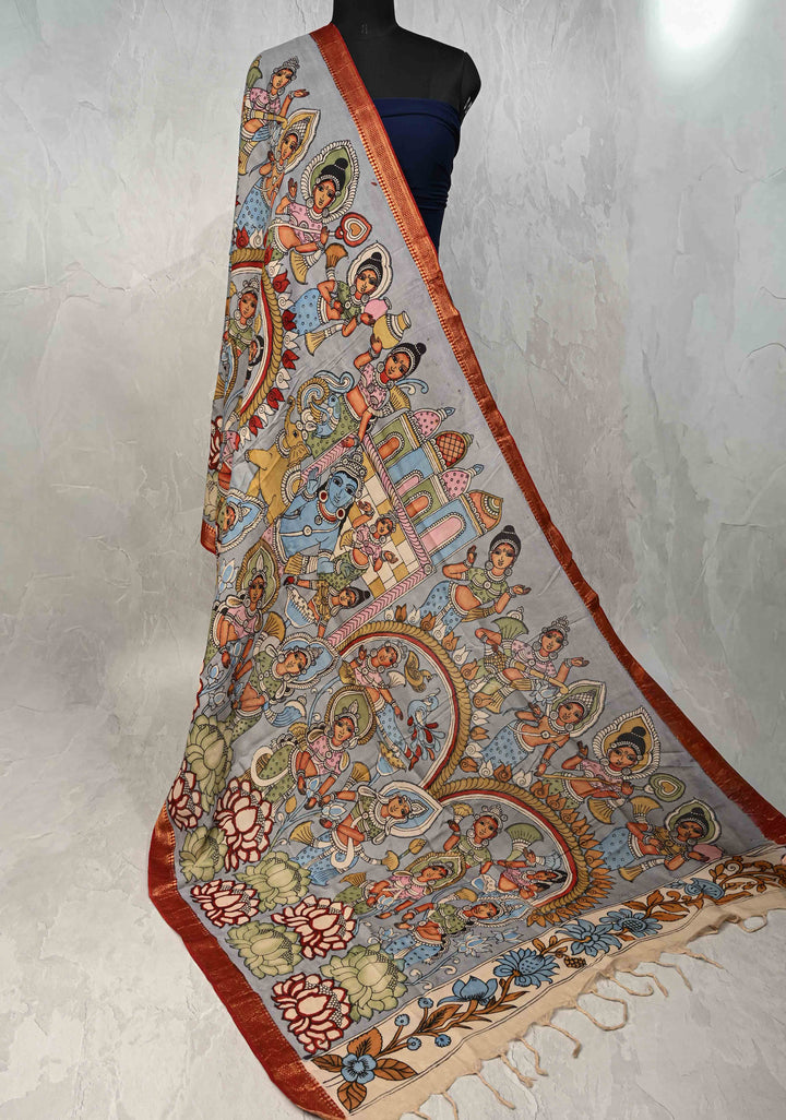 DUPATTA : Blue Authentic Pen Kalamkari on Mangalagiri Silk Cotton Dupatta with Mythological Theme