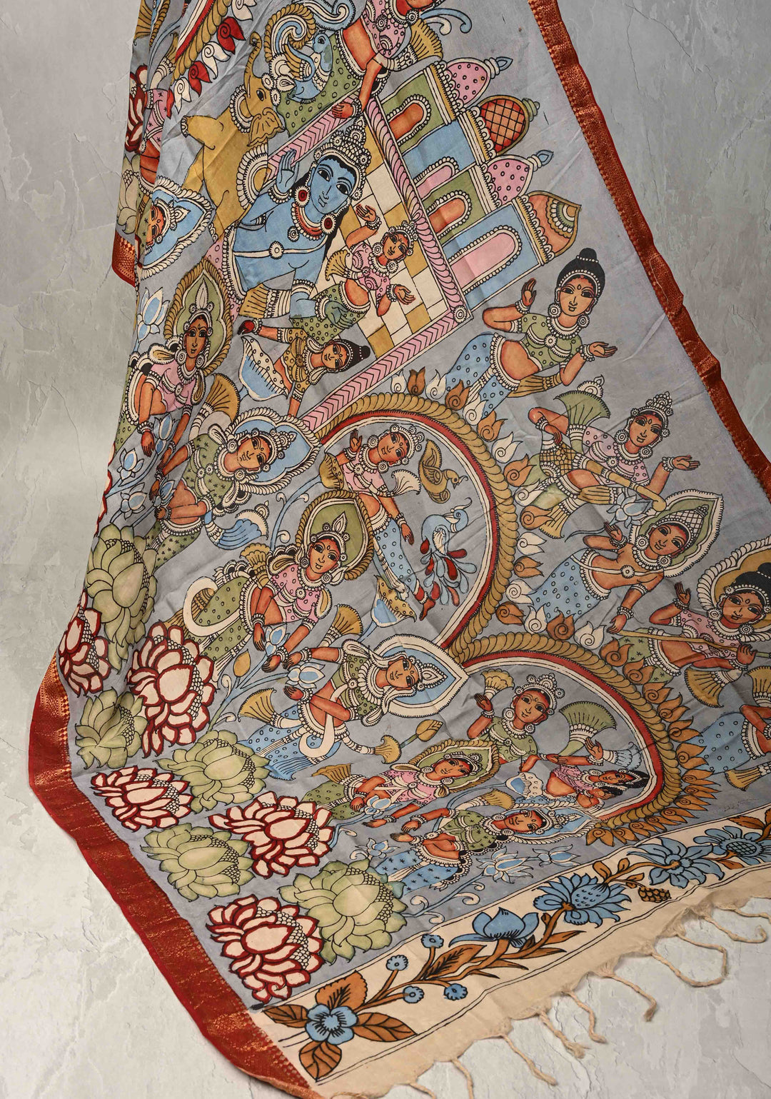 DUPATTA : Blue Authentic Pen Kalamkari on Mangalagiri Silk Cotton Dupatta with Mythological Theme