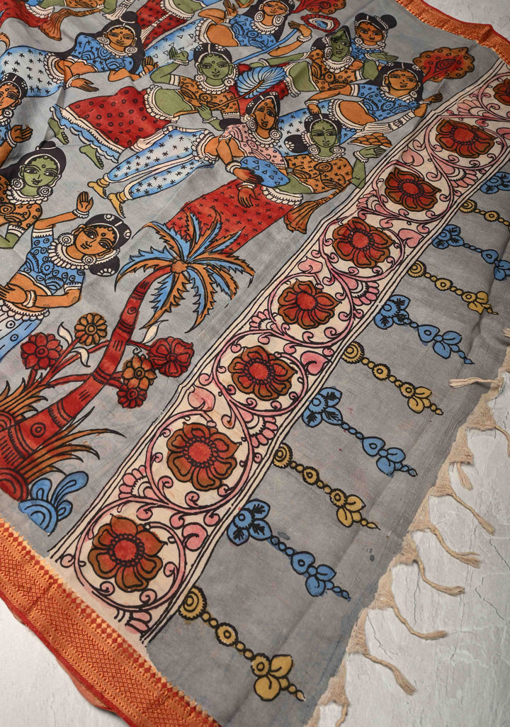 DUPATTA : Blue Authentic Pen Kalamkari on Mangalagiri Silk Cotton Dupatta with Dancing Queens Theme