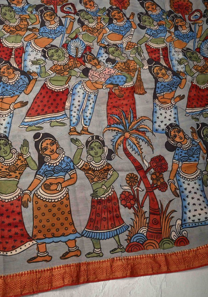 DUPATTA : Blue Authentic Pen Kalamkari on Mangalagiri Silk Cotton Dupatta with Dancing Queens Theme