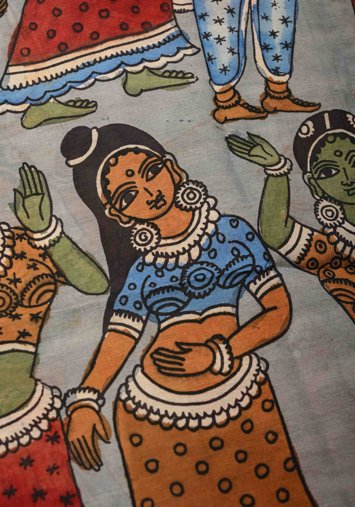 DUPATTA : Blue Authentic Pen Kalamkari on Mangalagiri Silk Cotton Dupatta with Dancing Queens Theme