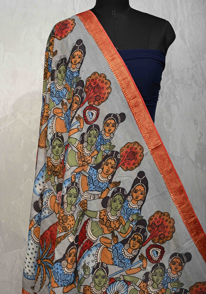 DUPATTA : Blue Authentic Pen Kalamkari on Mangalagiri Silk Cotton Dupatta with Dancing Queens Theme