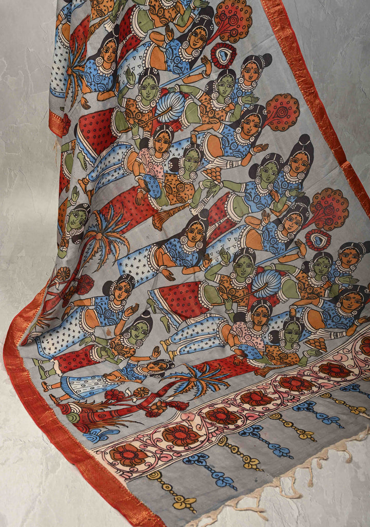 DUPATTA : Blue Authentic Pen Kalamkari on Mangalagiri Silk Cotton Dupatta with Dancing Queens Theme