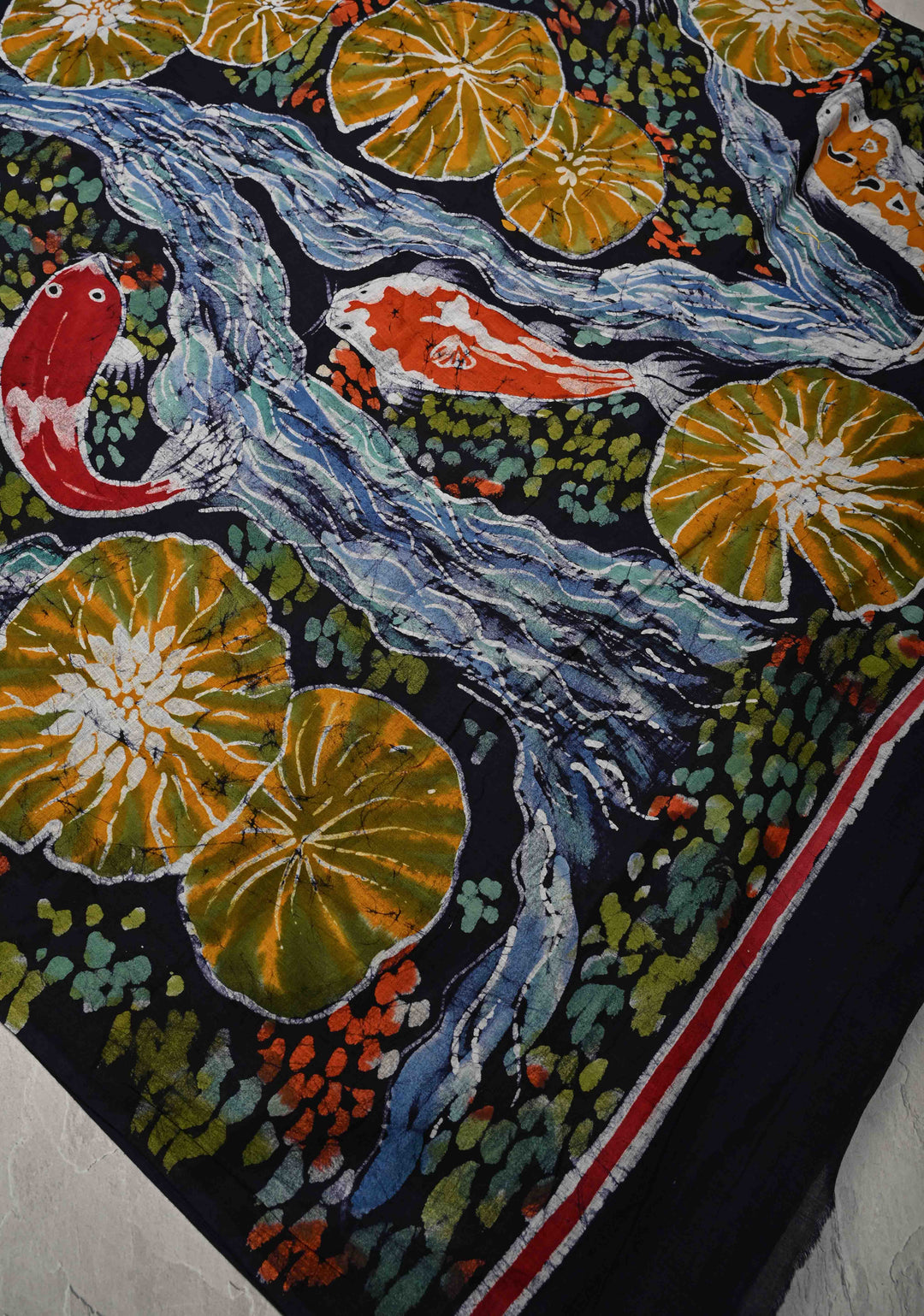 Navy Blue Mul Cotton Authentic Hand Batik Print with Koi Fish