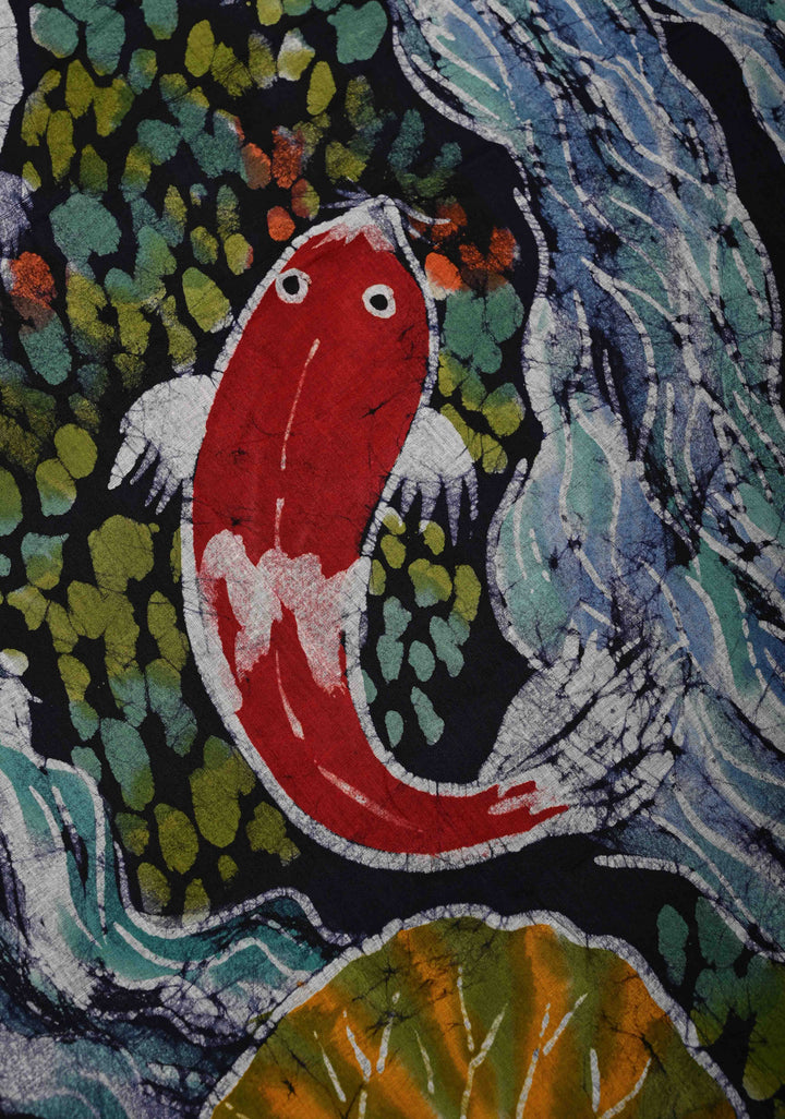 Navy Blue Mul Cotton Authentic Hand Batik Print with Koi Fish