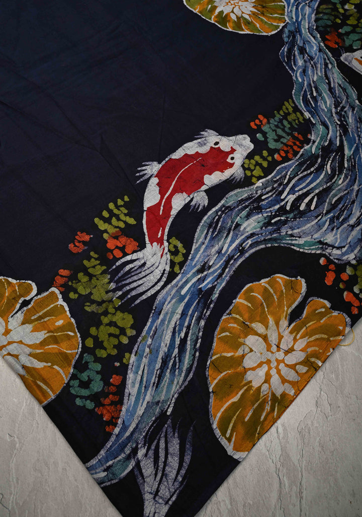 Navy Blue Mul Cotton Authentic Hand Batik Print with Koi Fish