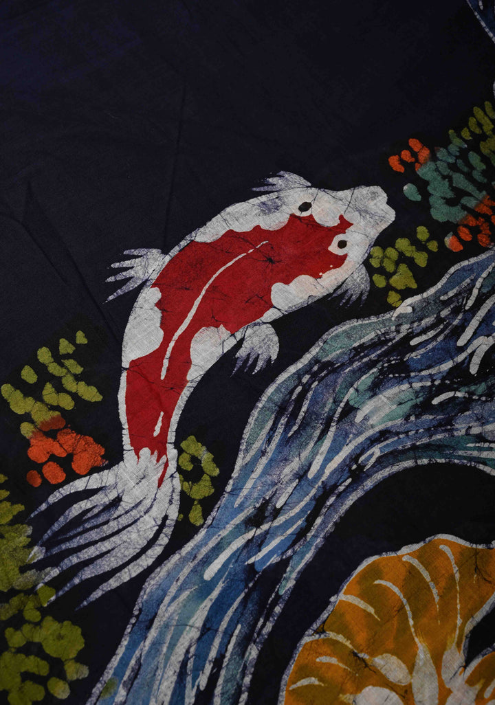 Navy Blue Mul Cotton Authentic Hand Batik Print with Koi Fish
