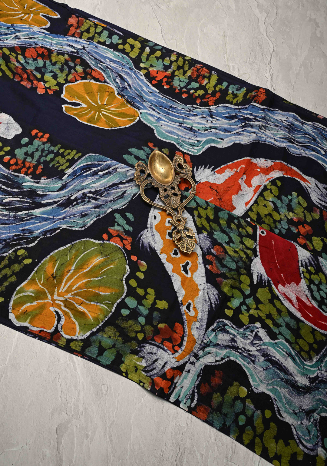 Navy Blue Mul Cotton Authentic Hand Batik Print with Koi Fish