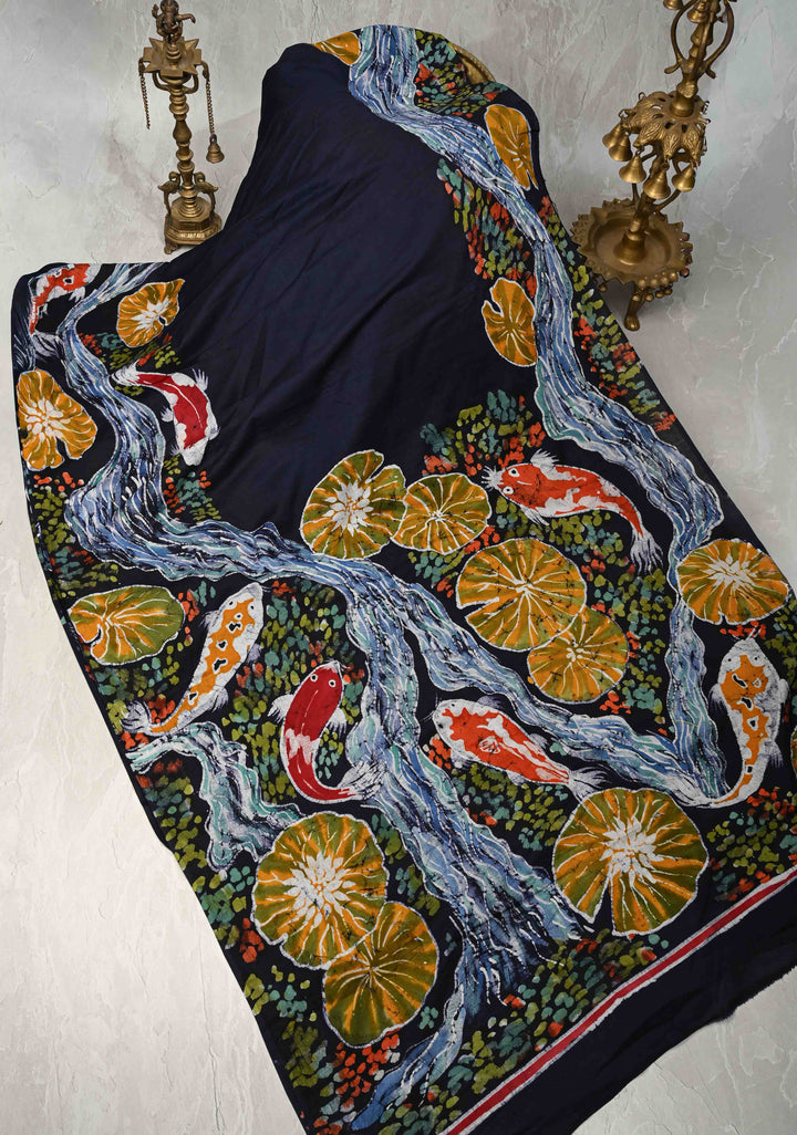 Navy Blue Mul Cotton Authentic Hand Batik Print with Koi Fish