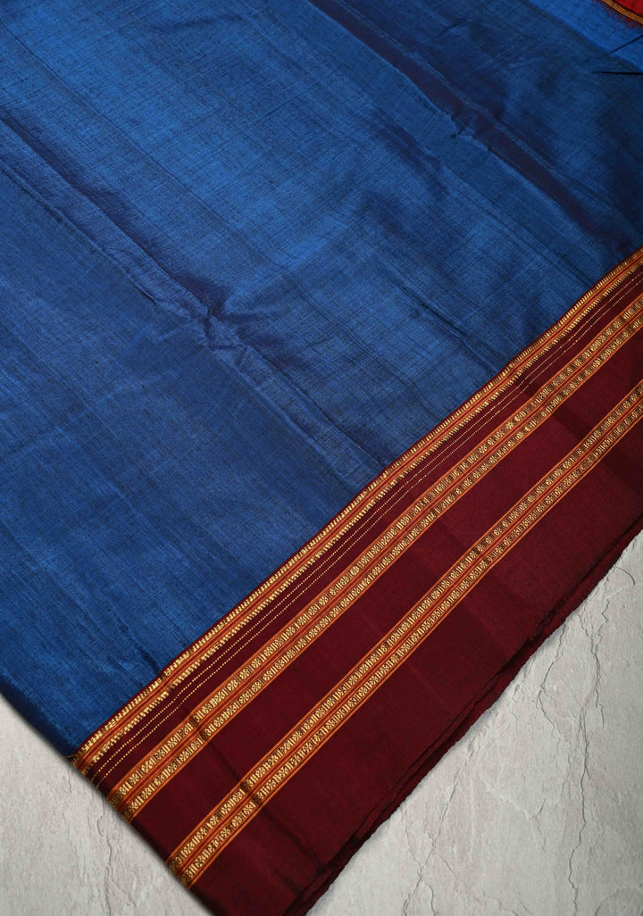 Prussian Blue Ilkal Silk Cotton Saree with Resham Thred buttas on Purple Border