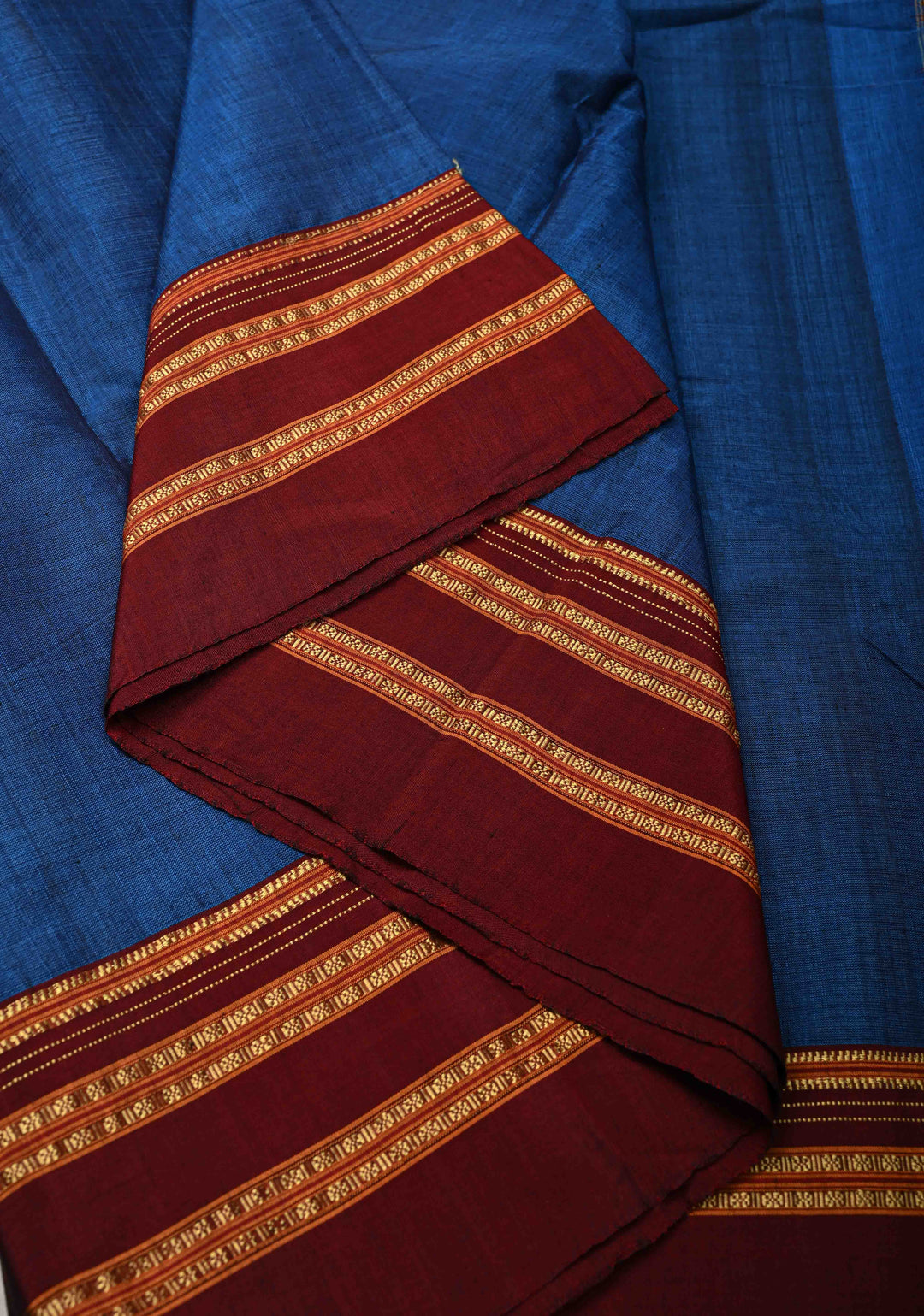 Prussian Blue Ilkal Silk Cotton Saree with Resham Thred buttas on Purple Border
