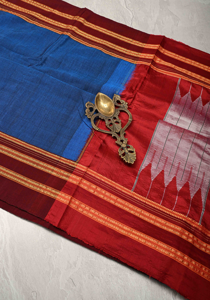 Prussian Blue Ilkal Silk Cotton Saree with Resham Thred buttas on Purple Border