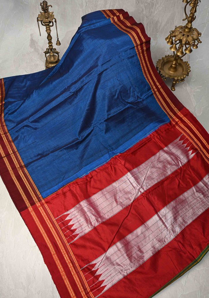 Prussian Blue Ilkal Silk Cotton Saree with Resham Thred buttas on Purple Border