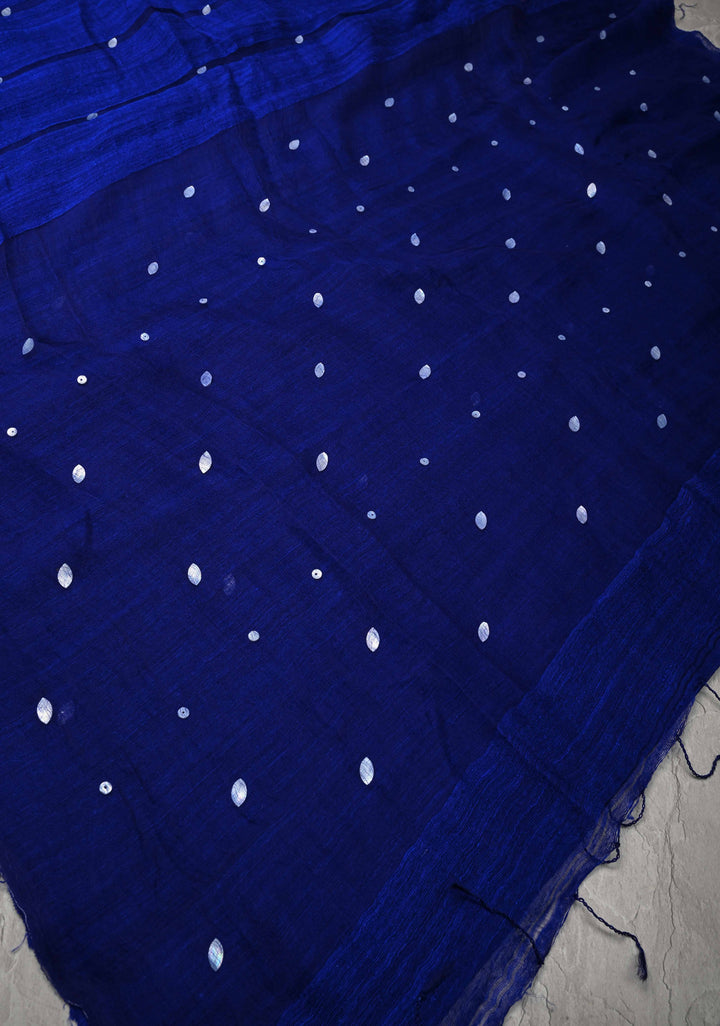 Royal Blue Matka Muslin Silk Saree with Mother of Pearls and long tassels