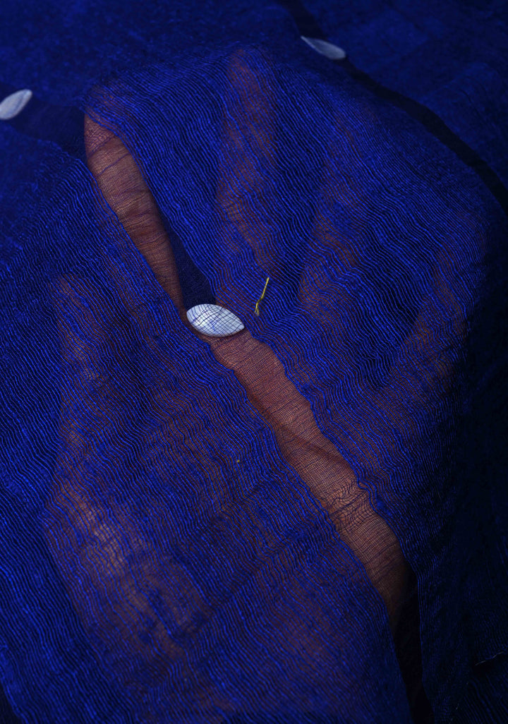 Royal Blue Matka Muslin Silk Saree with Mother of Pearls and long tassels