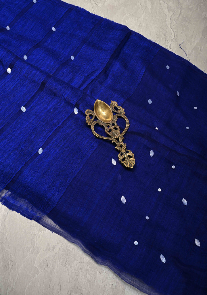 Royal Blue Matka Muslin Silk Saree with Mother of Pearls and long tassels