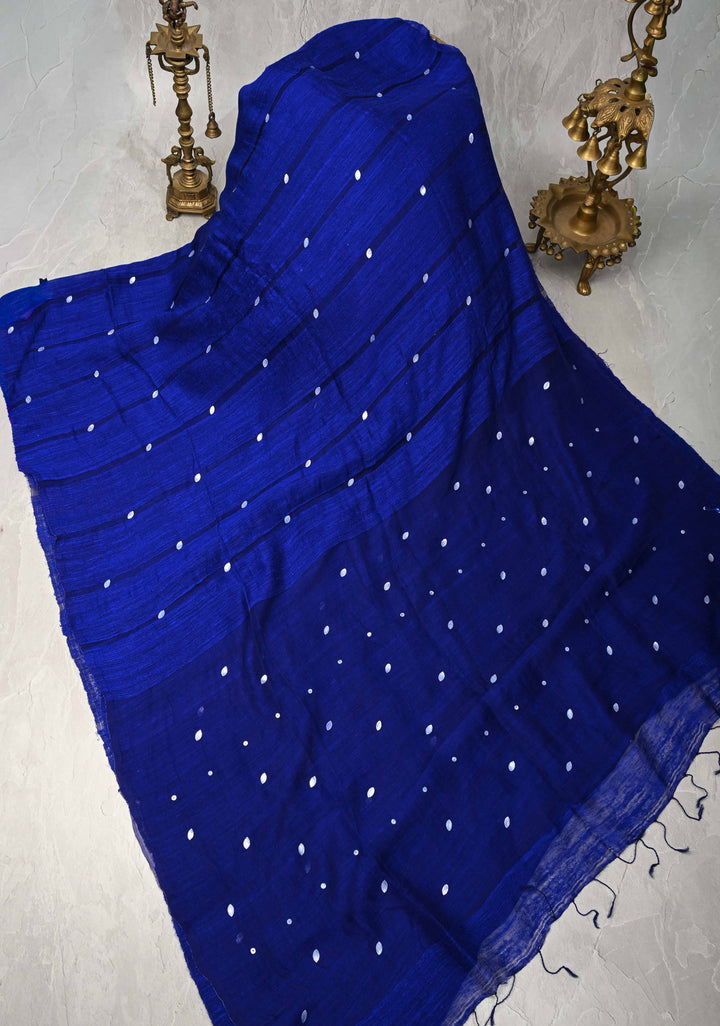 Royal Blue Matka Muslin Silk Saree with Mother of Pearls and long tassels
