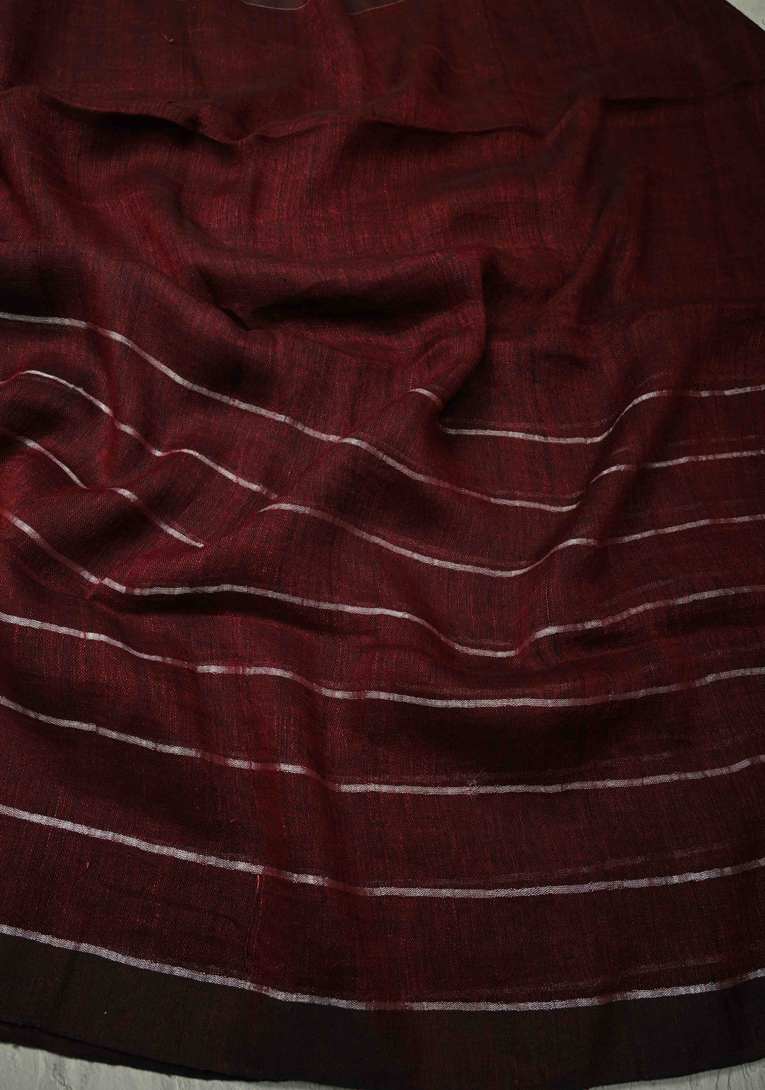 Maroon Linen by Cotton Saree with Silver Zari Stripes
