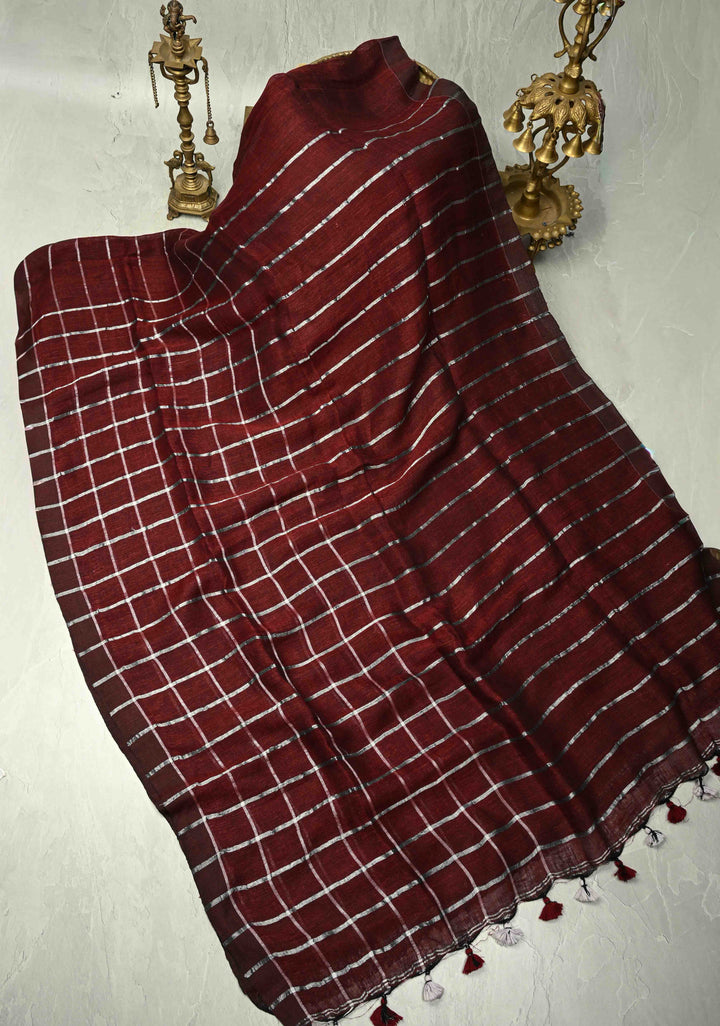 Maroon Linen by Cotton Saree with Silver Zari Stripes